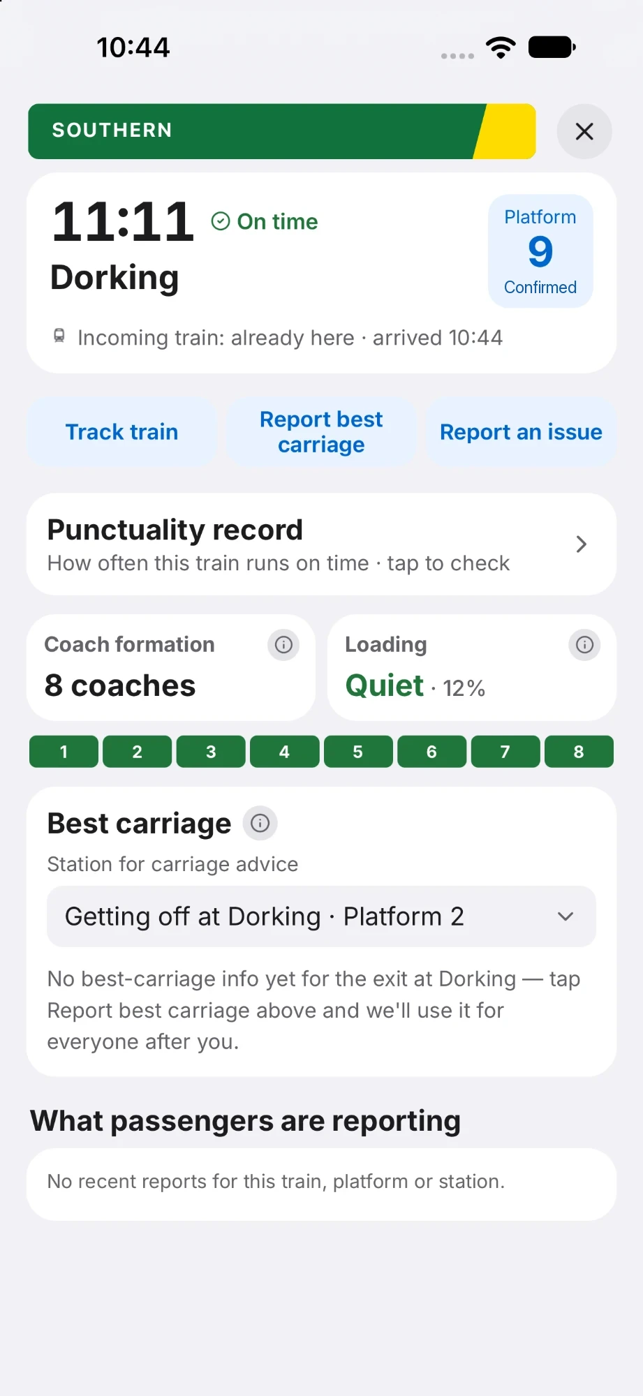 Trackside's train screen: the 11:11 to Dorking, platform 9 confirmed