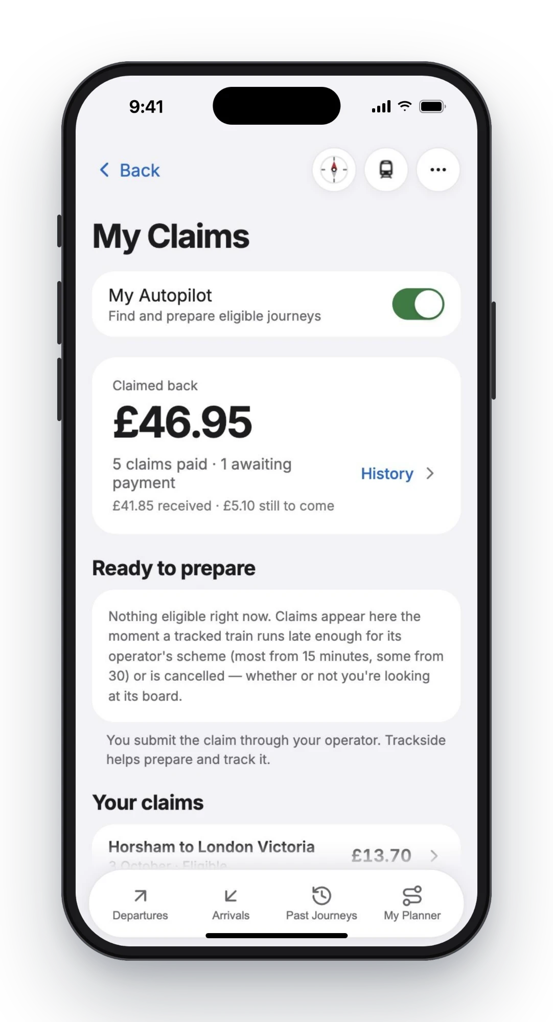 Trackside's My Claims screen: My Autopilot on, £46.95 claimed back from 5 paid claims with 1 awaiting payment