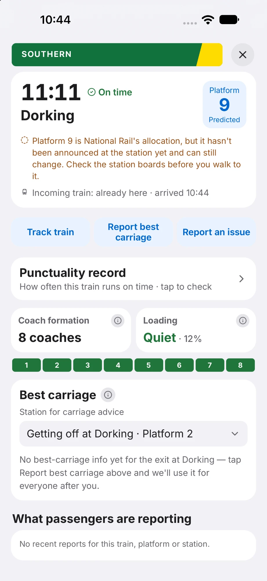 Trackside's train screen: the 11:11 to Dorking, platform 9 predicted, with a note that it hasn't been announced yet