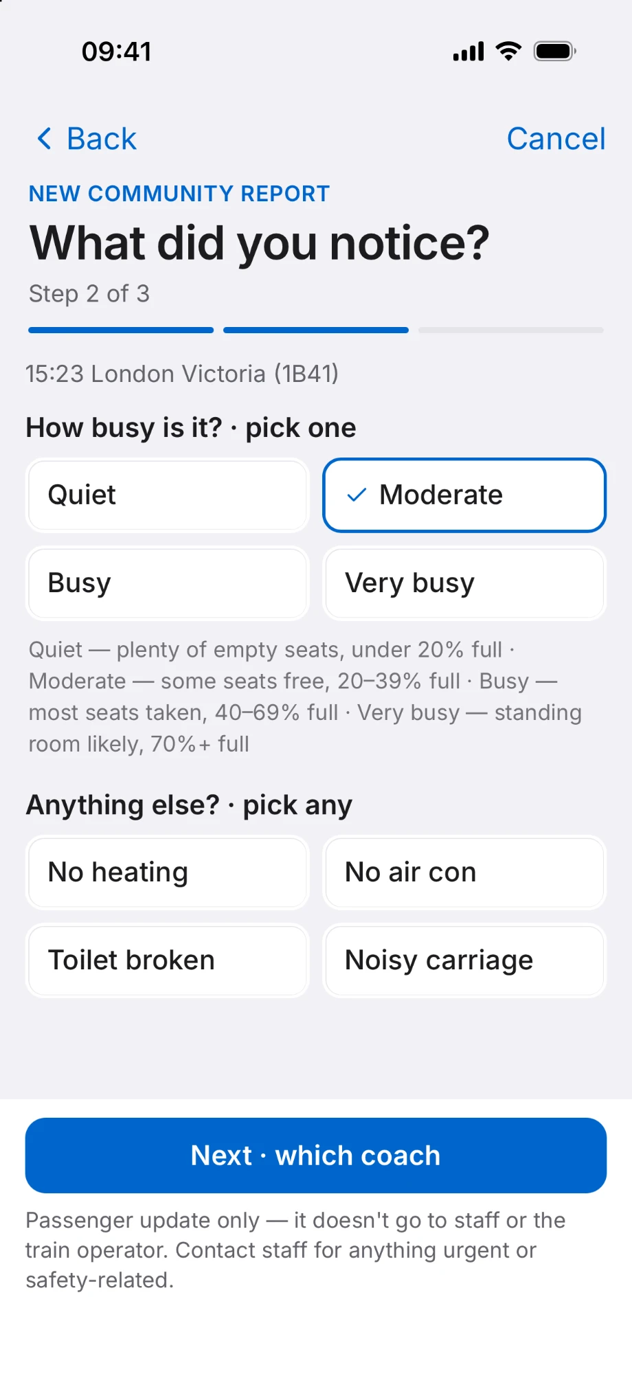 Trackside's passenger report screen: how busy is the train, from Quiet to Very busy, and anything else such as no heating or a noisy carriage