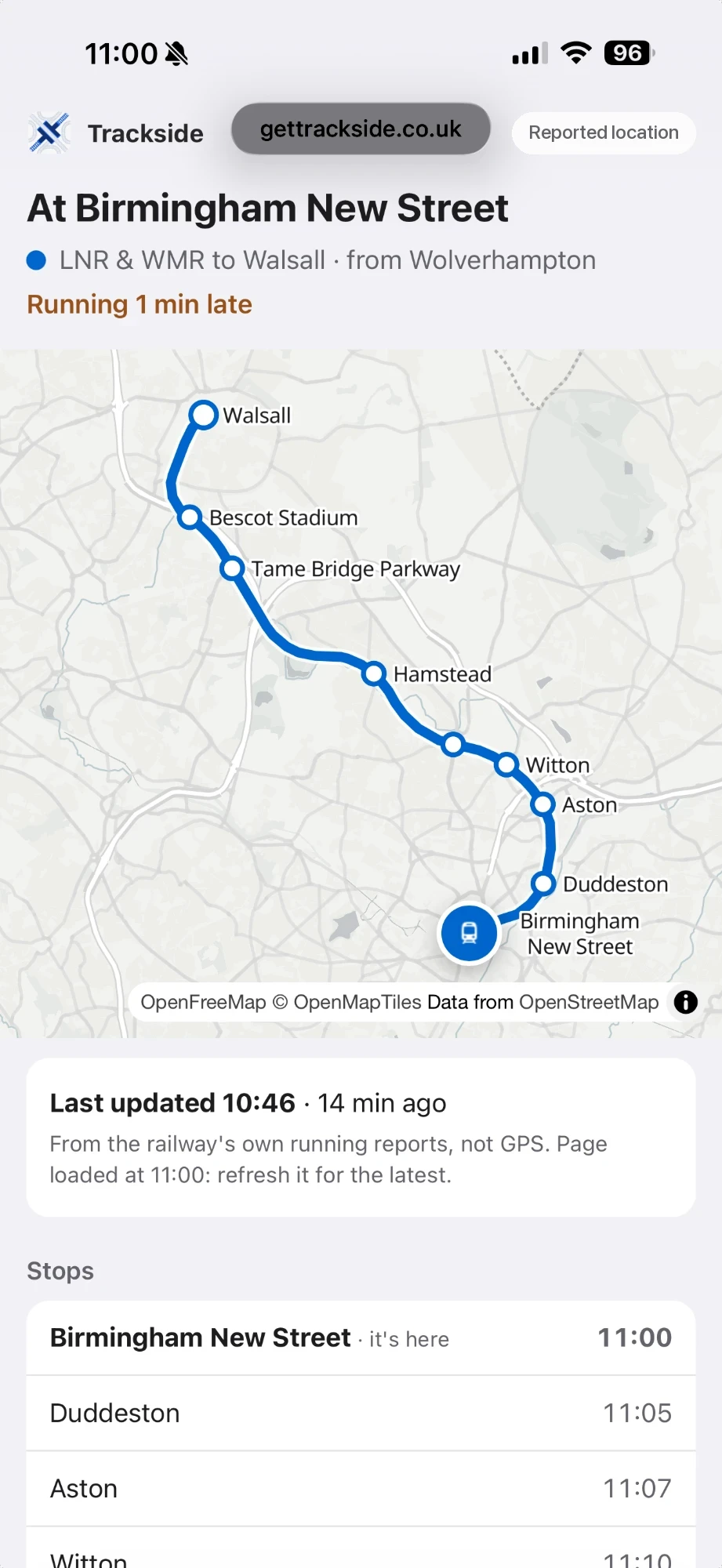 A shared Trackside link open in Safari: an LNR and WMR train to Walsall at Birmingham New Street, running 1 min late, on a map with its stops
