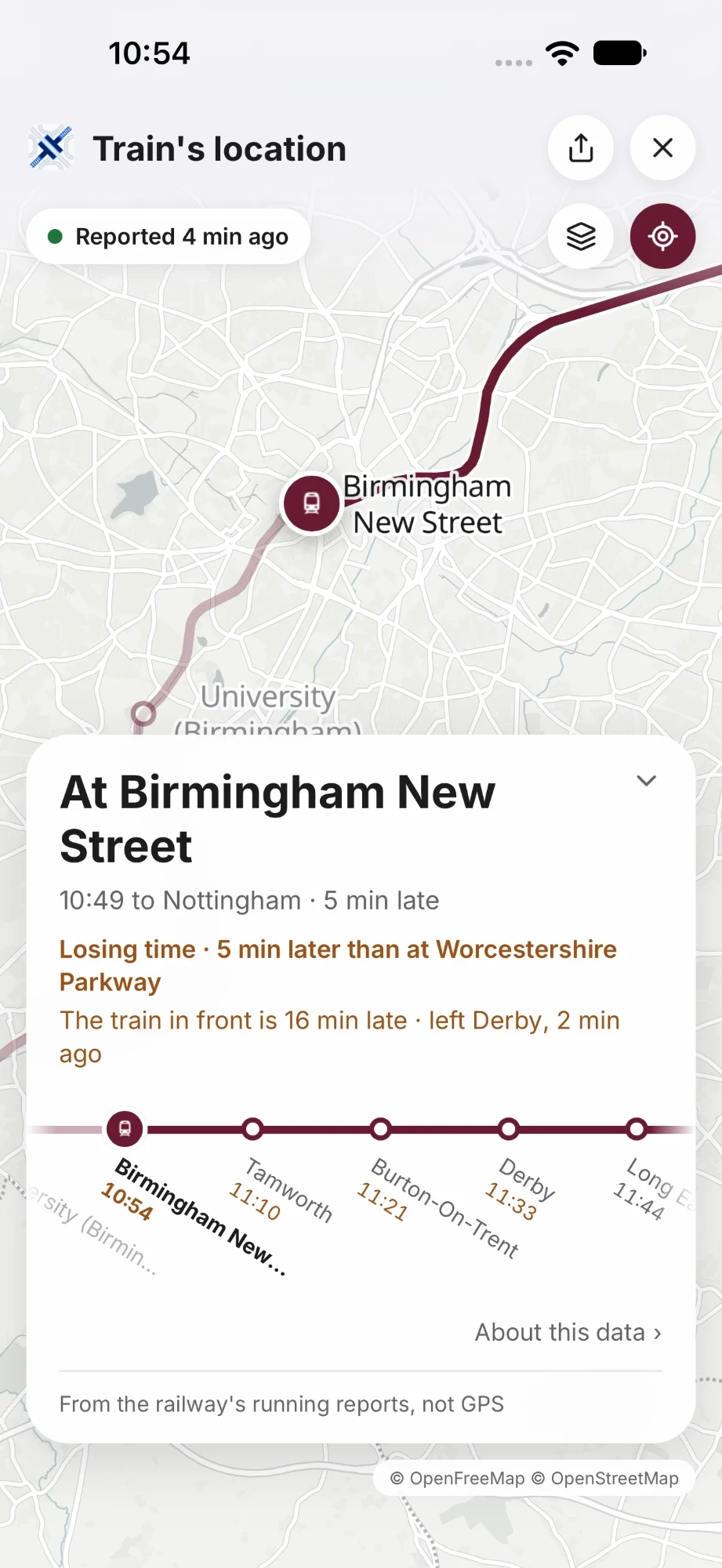 Trackside's train location map: the 10:49 to Nottingham at Birmingham New Street, 5 min late, with the train in front 16 min late